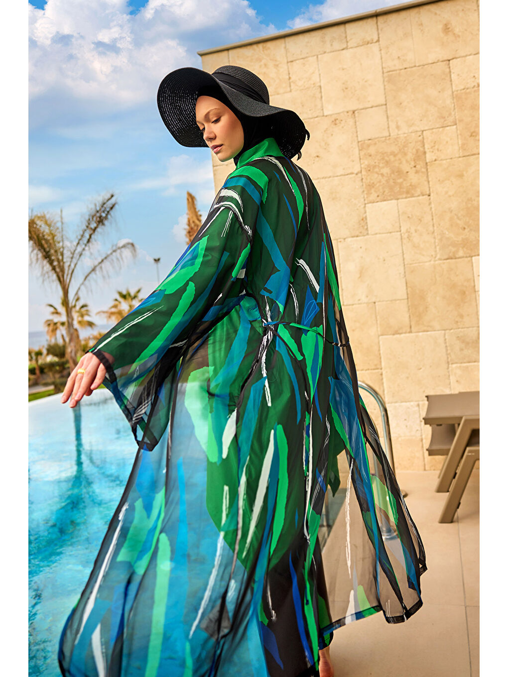 Yeşil Renkli Desenli İpeksi Kimono - Hafif Dokulu, Tam Boy Pareo P2503-1-1