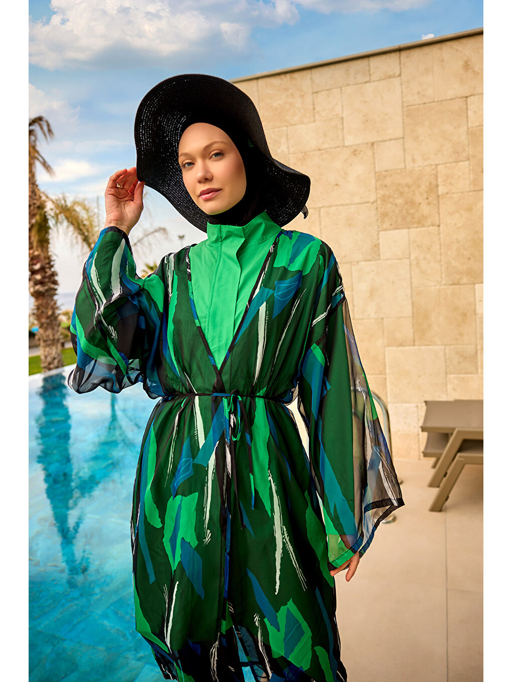 Yeşil Renkli Desenli İpeksi Kimono - Hafif Dokulu, Tam Boy Pareo P2503-1-2