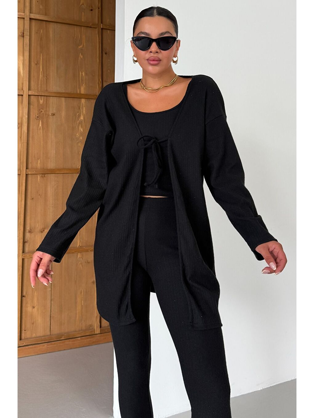 Kadın Siyah Askılı Atlet Tayt Hırkalı Alt-Üst Taytlı İnterlok Takım-4