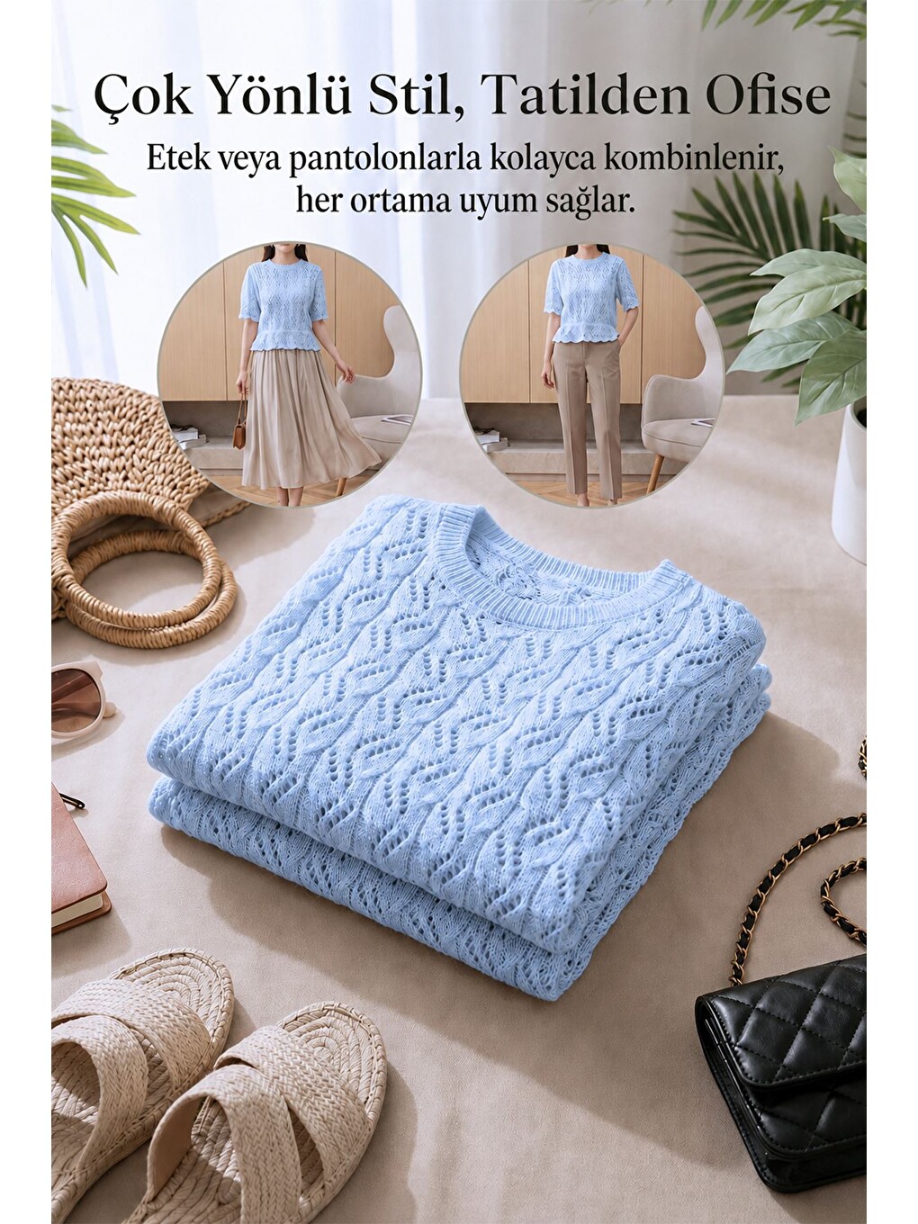 Mavi Kendinden Desenli Triko Bluz-2