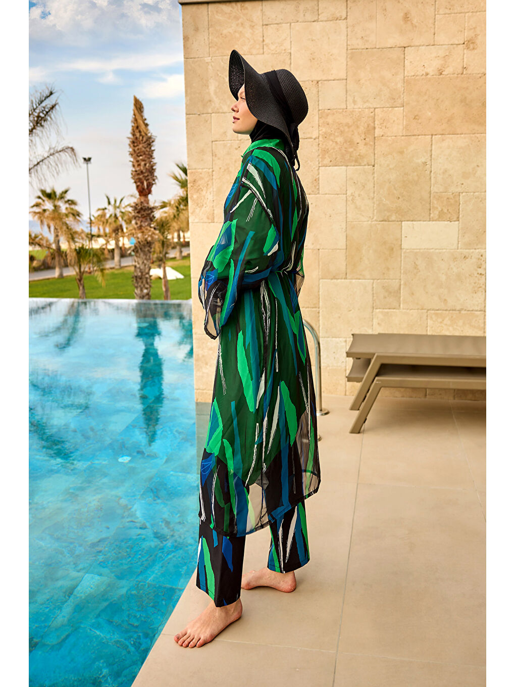 Yeşil Renkli Desenli İpeksi Kimono - Hafif Dokulu, Tam Boy Pareo P2503-1-3