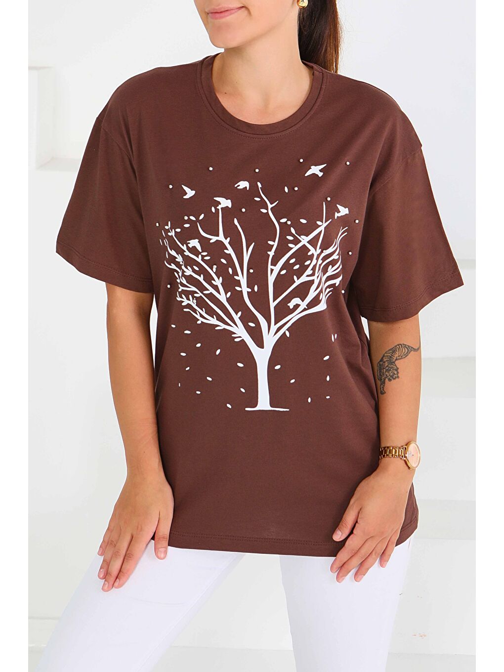 Kahverengi Baskılı Taşlı T-Şhirt Kahve - 27375-1