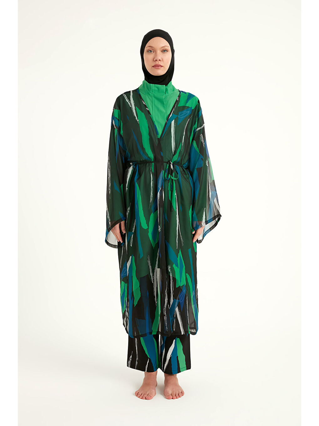 Yeşil Renkli Desenli İpeksi Kimono - Hafif Dokulu, Tam Boy Pareo P2503-1-4