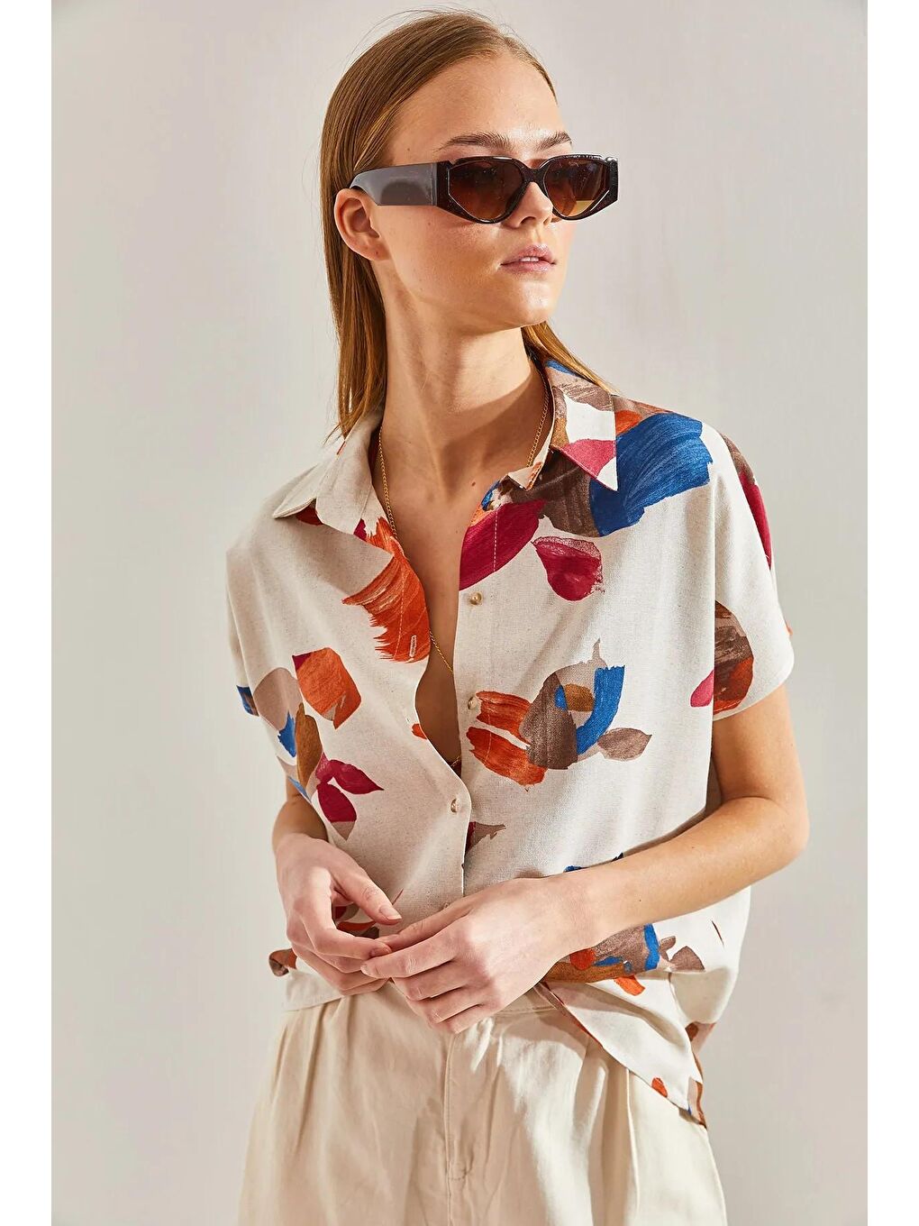 Bej Kadın Parça Desenli Yarasa Kol Keten Gömlek 60101033