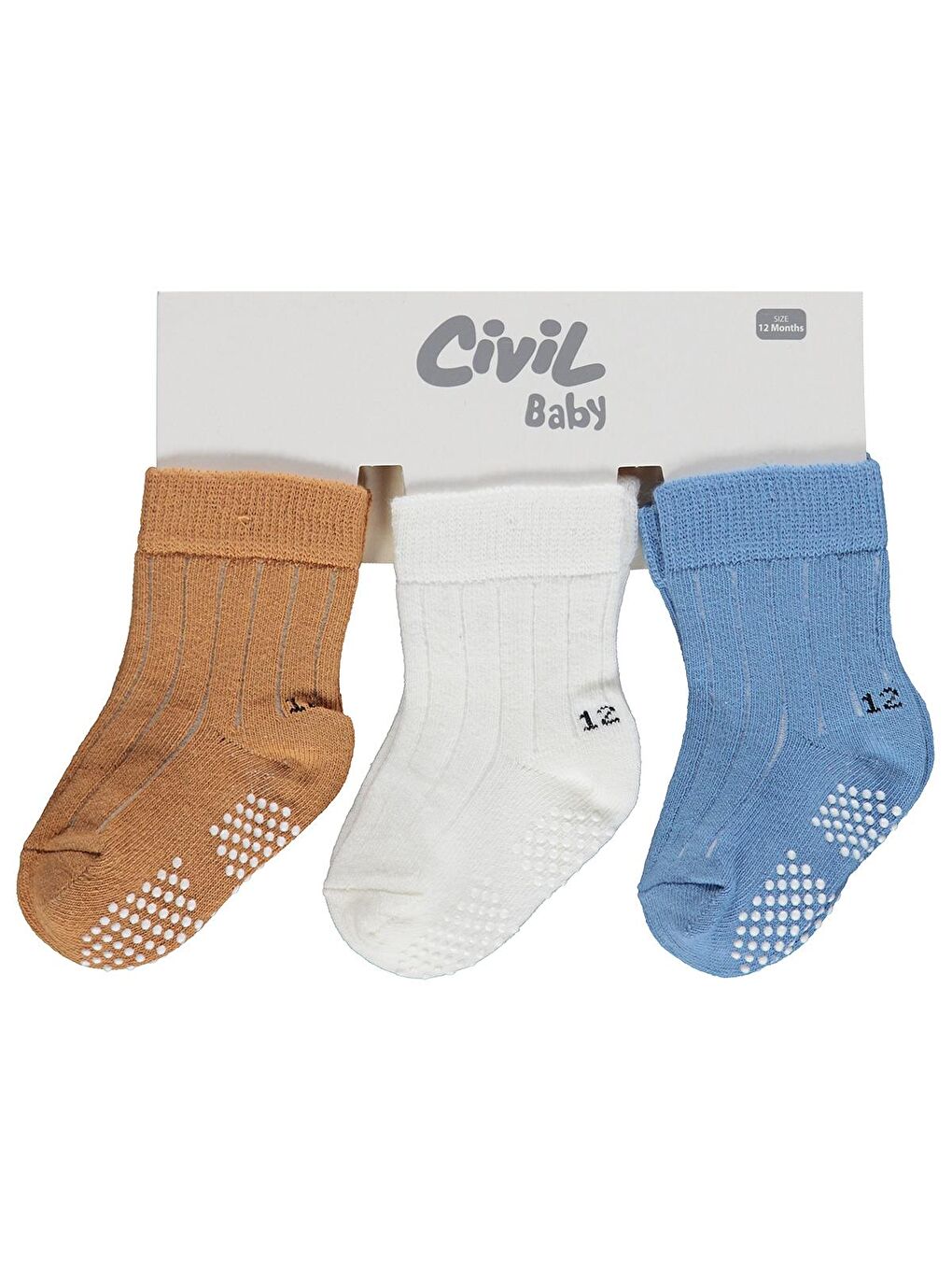 Beyaz Baby Çift Baskı Kaydırmaz 3'lü 6-18 Ay Bebek Erkek Çorap Set - Standart-1