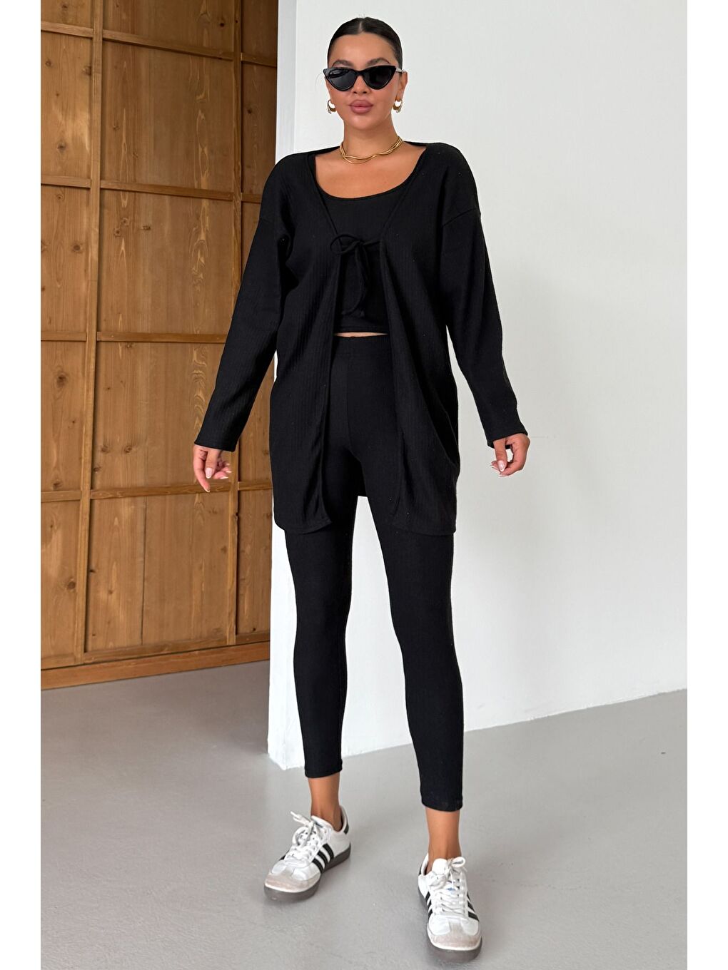 Kadın Siyah Askılı Atlet Tayt Hırkalı Alt-Üst Taytlı İnterlok Takım-5