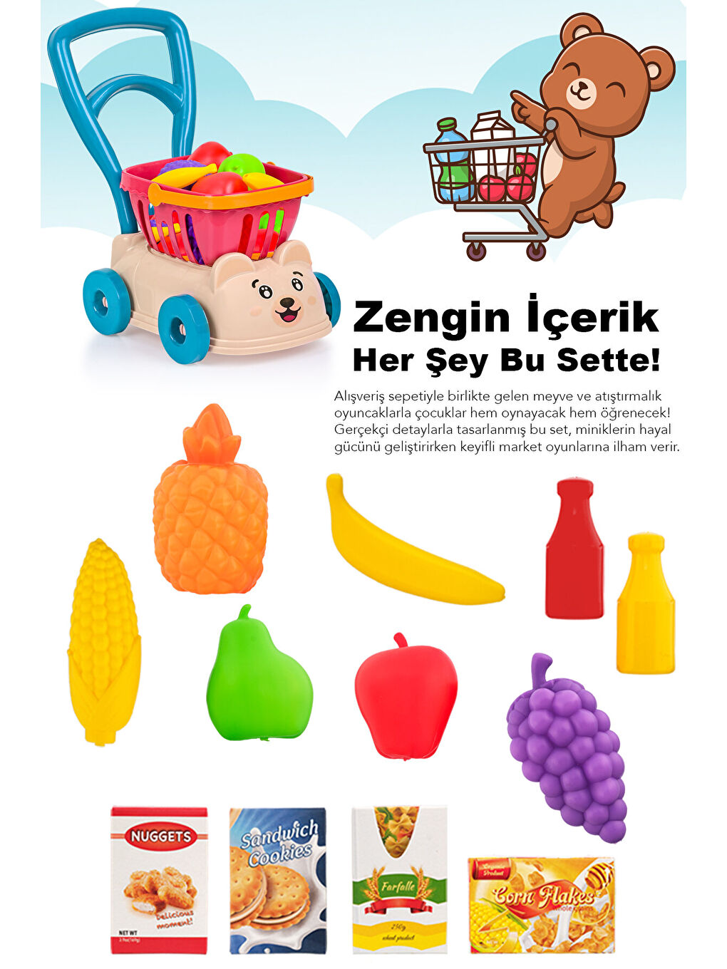 14 Parça Market Sepetli Yürüme Arkadaşı - İlk Adım Arabası Meyve Sebze Atıştırmalık Alışveriş Sepeti-1