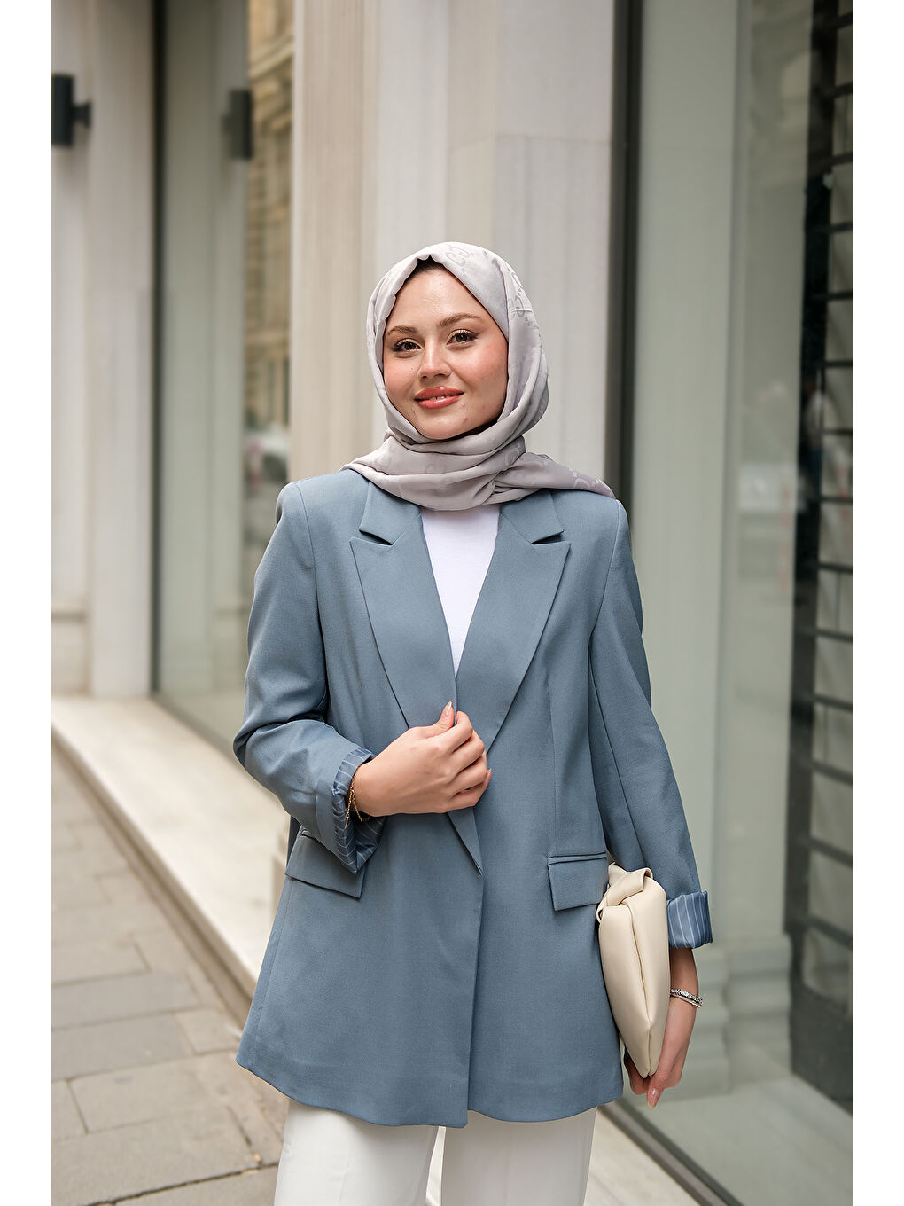 Kadın Astar Çizgili Blazer Ceket Mavi-1