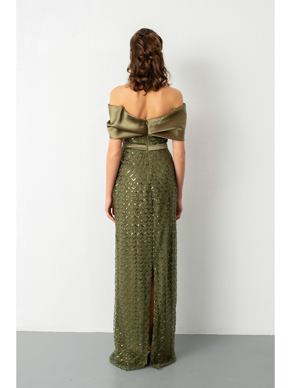 Kadın Haki Yaka Organze Detay Pul Payetli Uzun Abiye Elibse-5