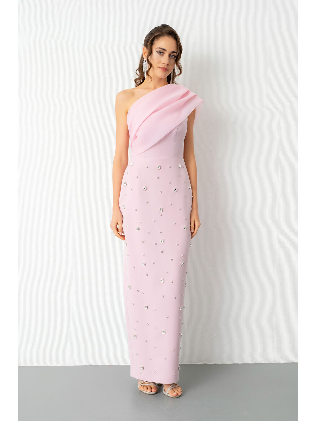 Pembe Kadın Pudra Tek Omuz Taşlı Söz Nişan Nikah Abiye Elbise