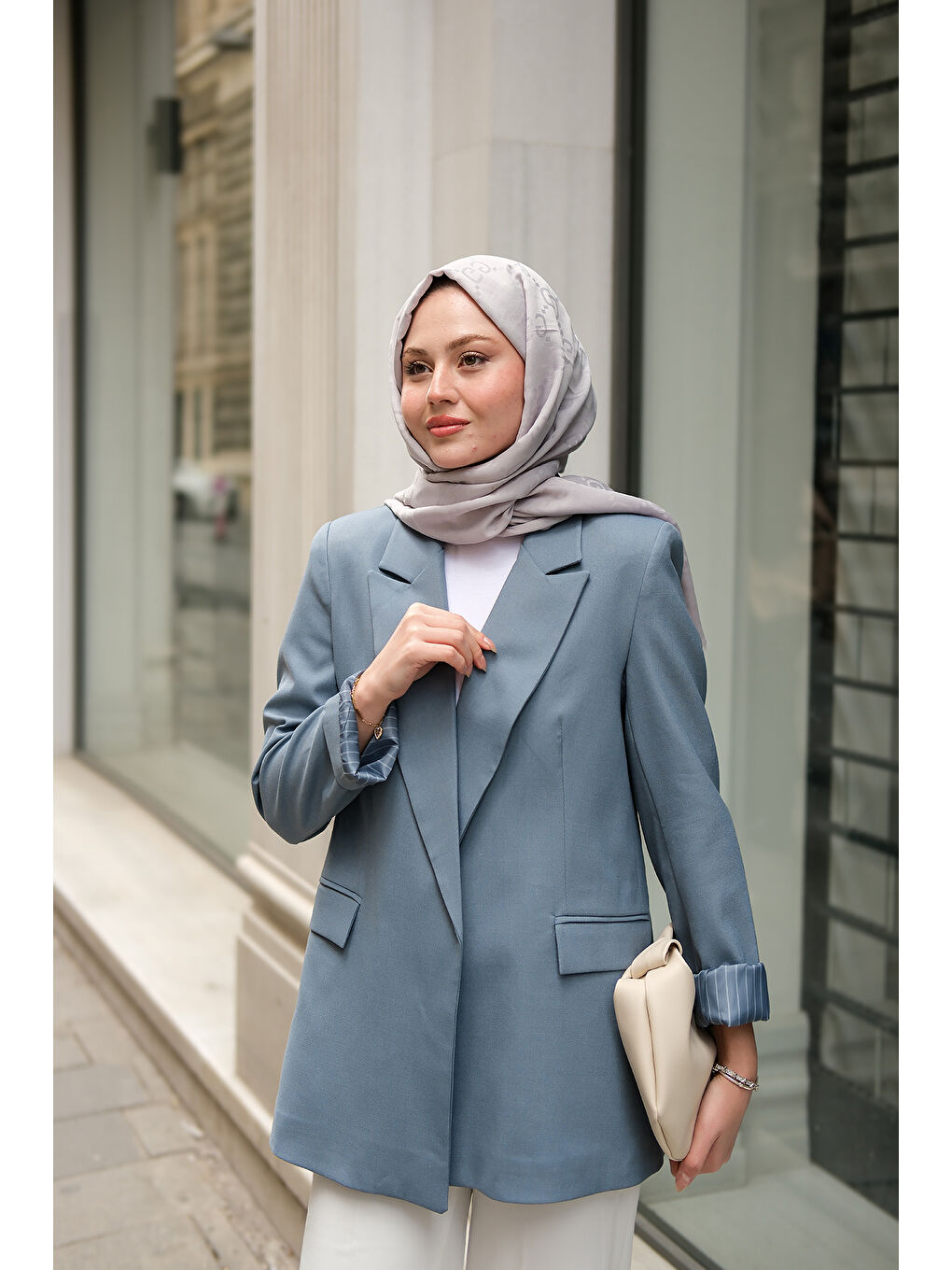 Kadın Astar Çizgili Blazer Ceket Mavi-2