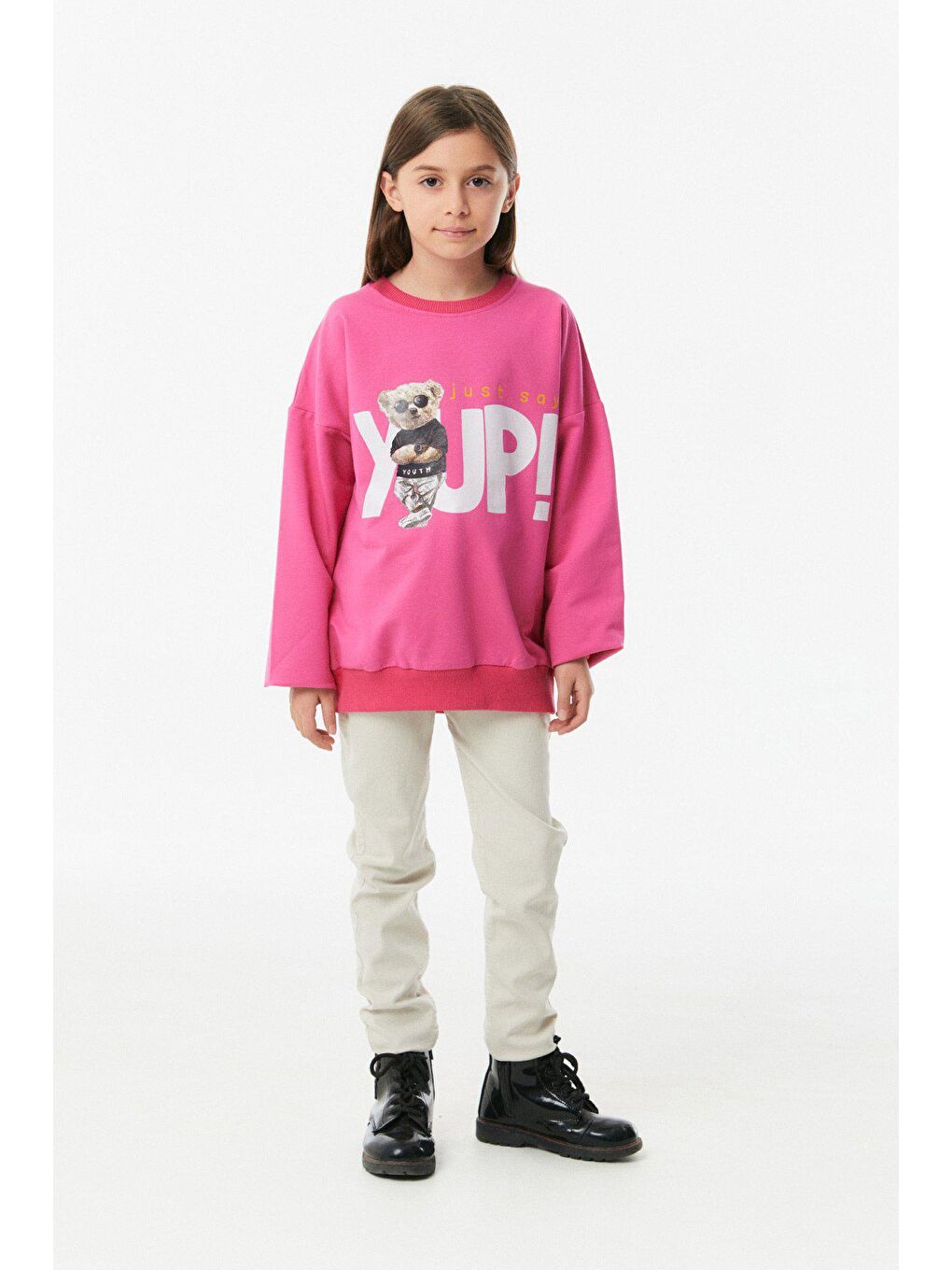 Fuşya Ayıcık Baskılı Kız Çocuk Sweatshirt-3