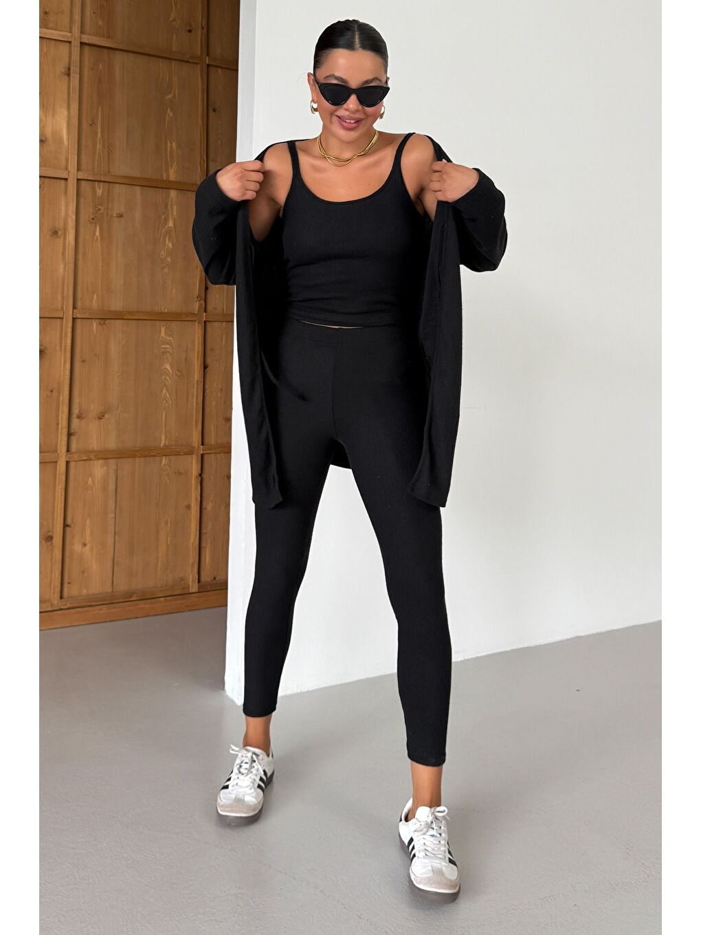 Kadın Siyah Askılı Atlet Tayt Hırkalı Alt-Üst Taytlı İnterlok Takım-6