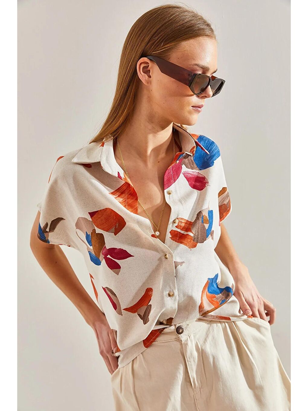 Bej Kadın Parça Desenli Yarasa Kol Keten Gömlek 60101033-1