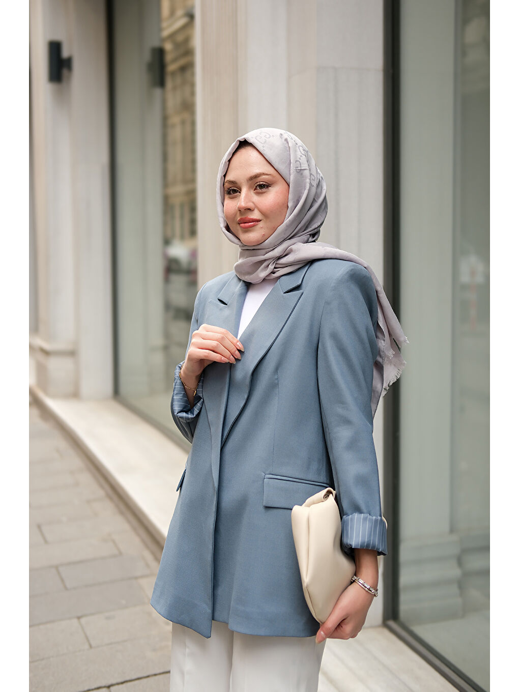 Kadın Astar Çizgili Blazer Ceket Mavi-3