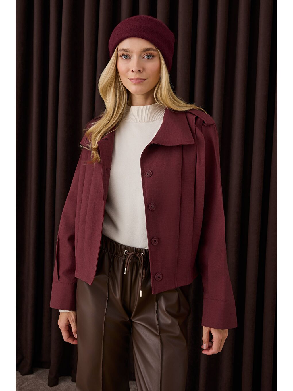 Kısa Pileli Ceket Bordo-1