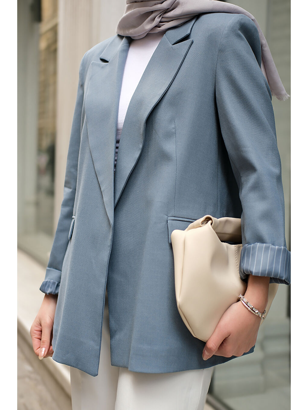 Kadın Astar Çizgili Blazer Ceket Mavi-4