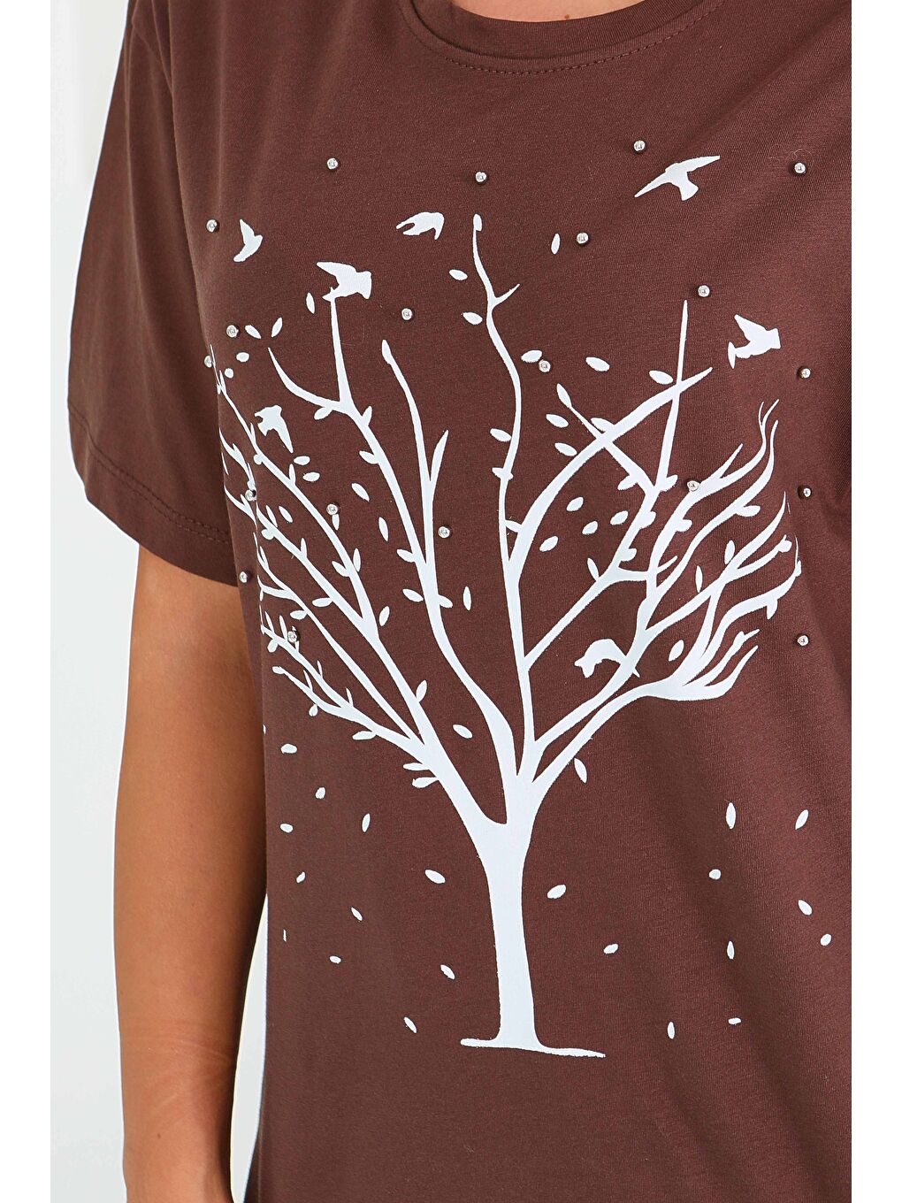 Kahverengi Baskılı Taşlı T-Şhirt Kahve - 27375-2