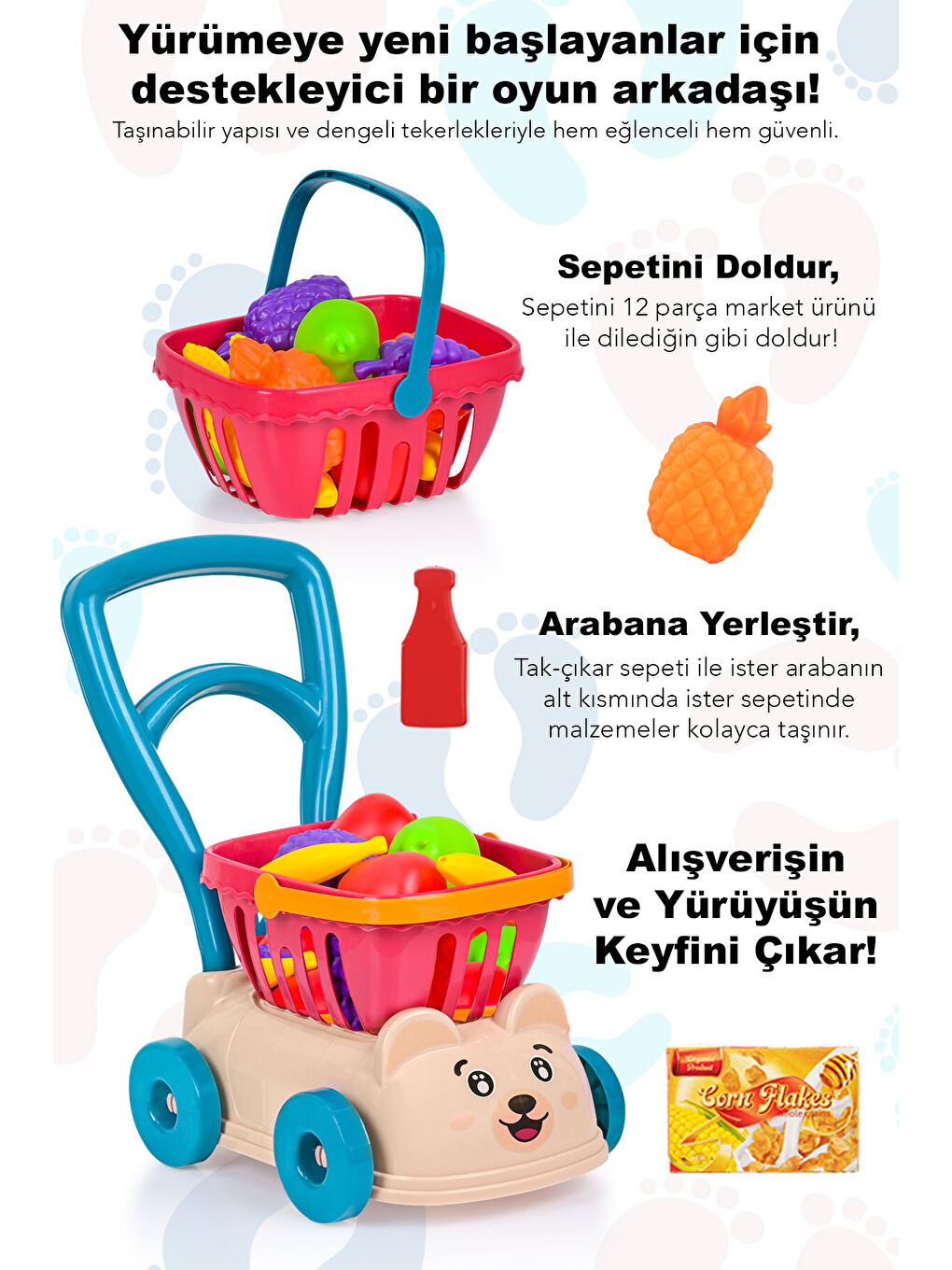 14 Parça Market Sepetli Yürüme Arkadaşı - İlk Adım Arabası Meyve Sebze Atıştırmalık Alışveriş Sepeti-2