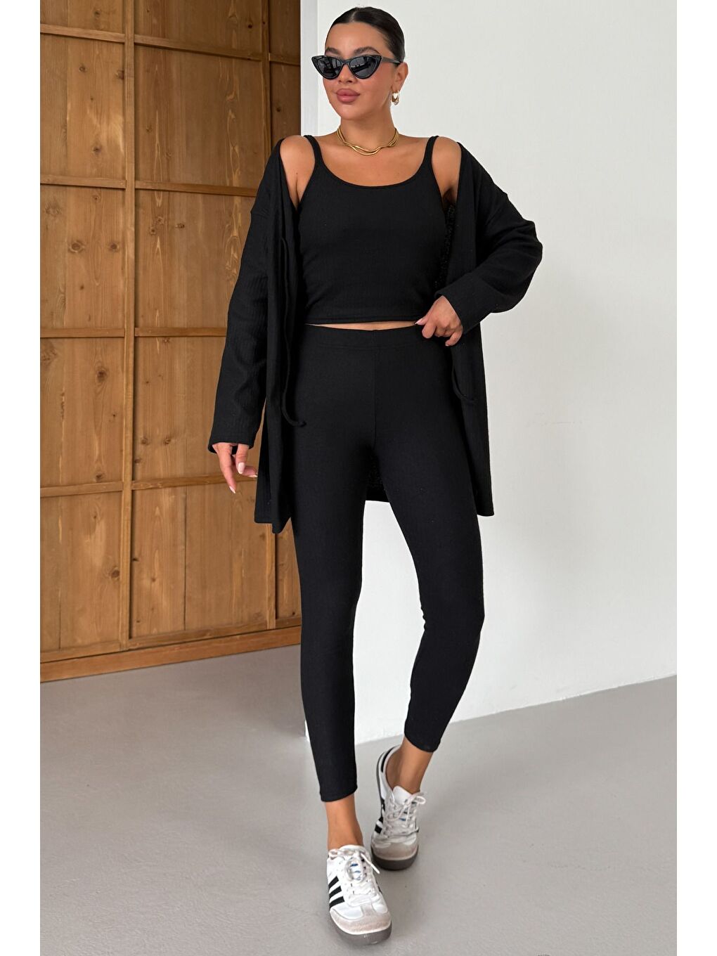 Kadın Siyah Askılı Atlet Tayt Hırkalı Alt-Üst Taytlı İnterlok Takım-7