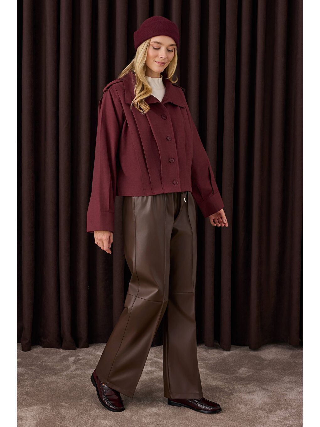 Kısa Pileli Ceket Bordo-2