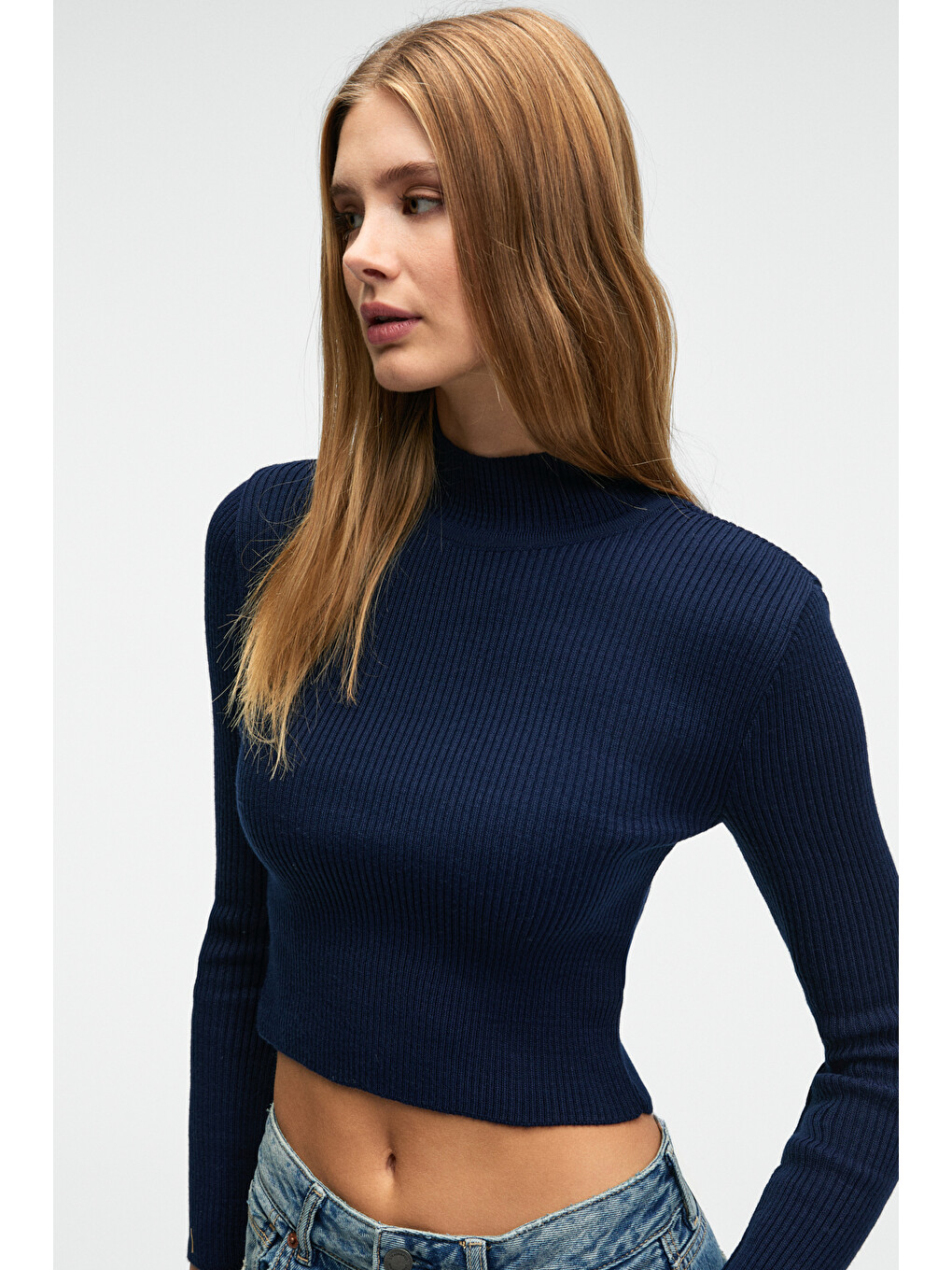 Calıda Kadın Dik Yaka Fitilli Görünümlü Slim Fit Triko Lacivert Kazak-1