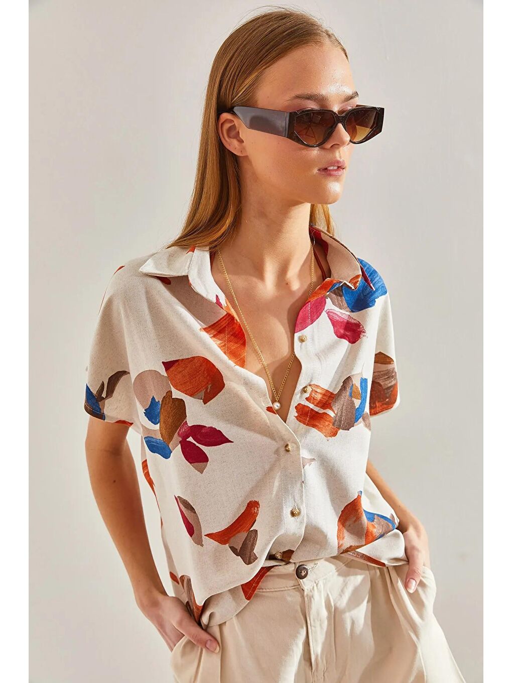 Bej Kadın Parça Desenli Yarasa Kol Keten Gömlek 60101033-2