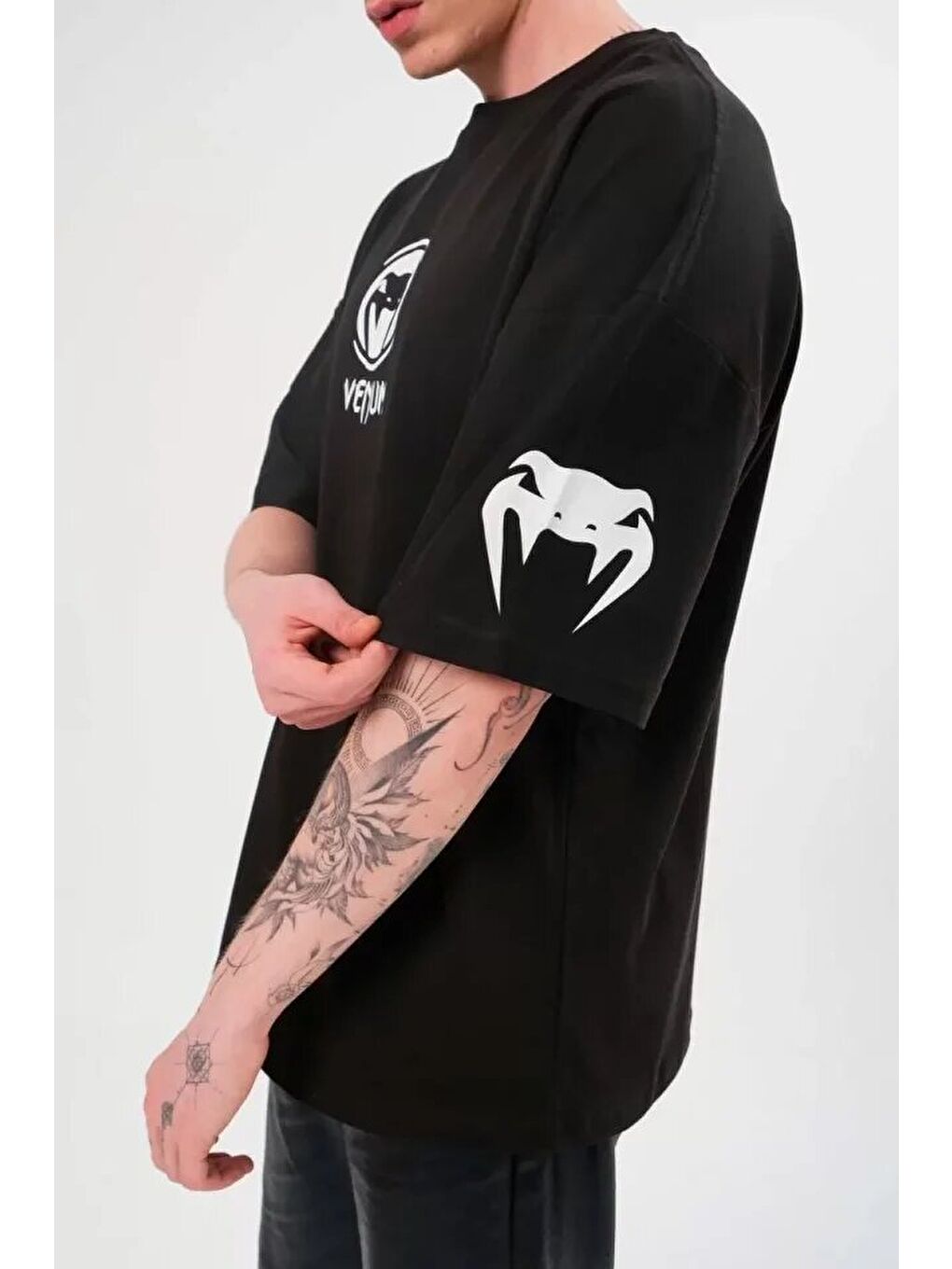 Unisex Bisiklet Yaka Baskılı Oversize T-Shirt - Siyah-2