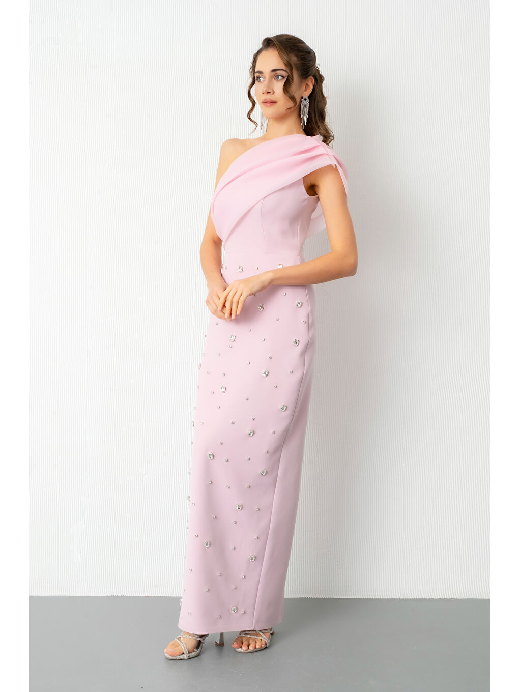 Pembe Kadın Pudra Tek Omuz Taşlı Söz Nişan Nikah Abiye Elbise-1