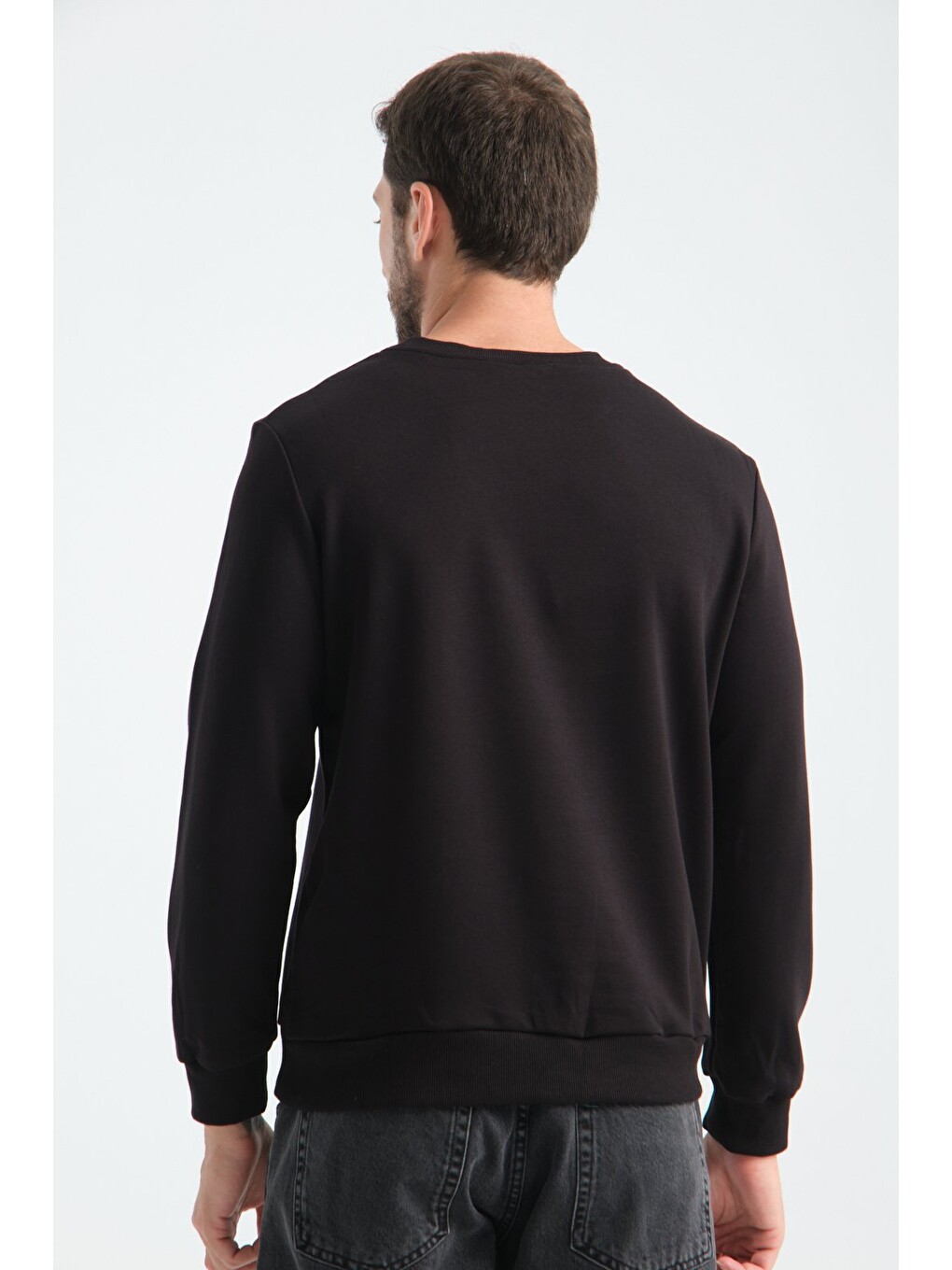 Siyah Erkek Üç İplik Sweatshirt Regular Fit Pamuklu Bisiklet Yaka Günlük Spor Basic-5