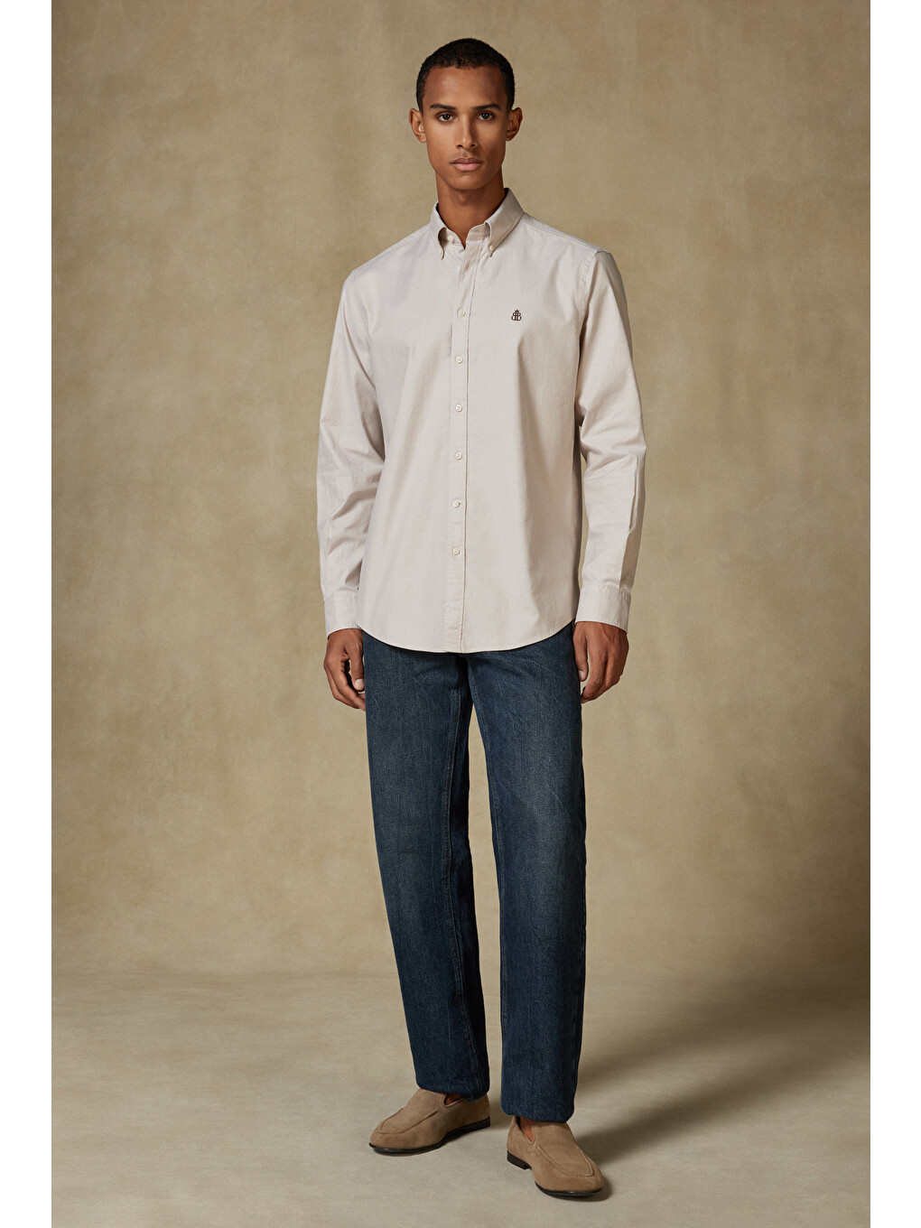 Luca Oxford Stretch Pamuk Karışımlı Comfort Fit Bej Düğmeli Yaka Erkek Düz Gömlek-1
