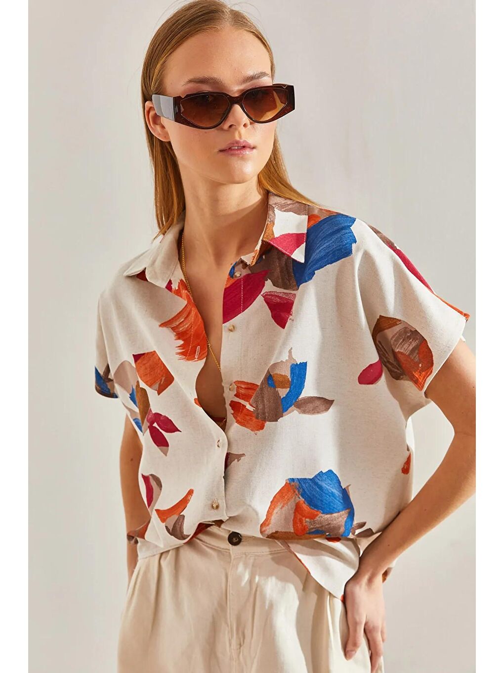 Bej Kadın Parça Desenli Yarasa Kol Keten Gömlek 60101033-3