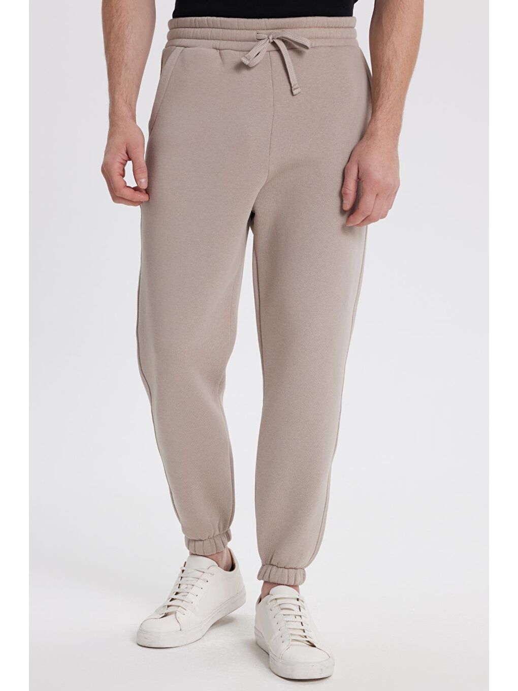 Unisex Relax Fit Rahat Kesim Şardonlu 3 Cepli Lastikli Jogger Paça Bej Eşofman Altı