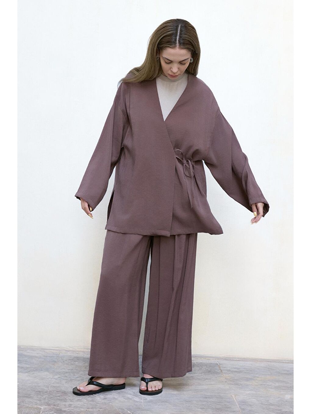 Kahverengi Anvelop Modal Gömlek Pantolon Takım Toprak