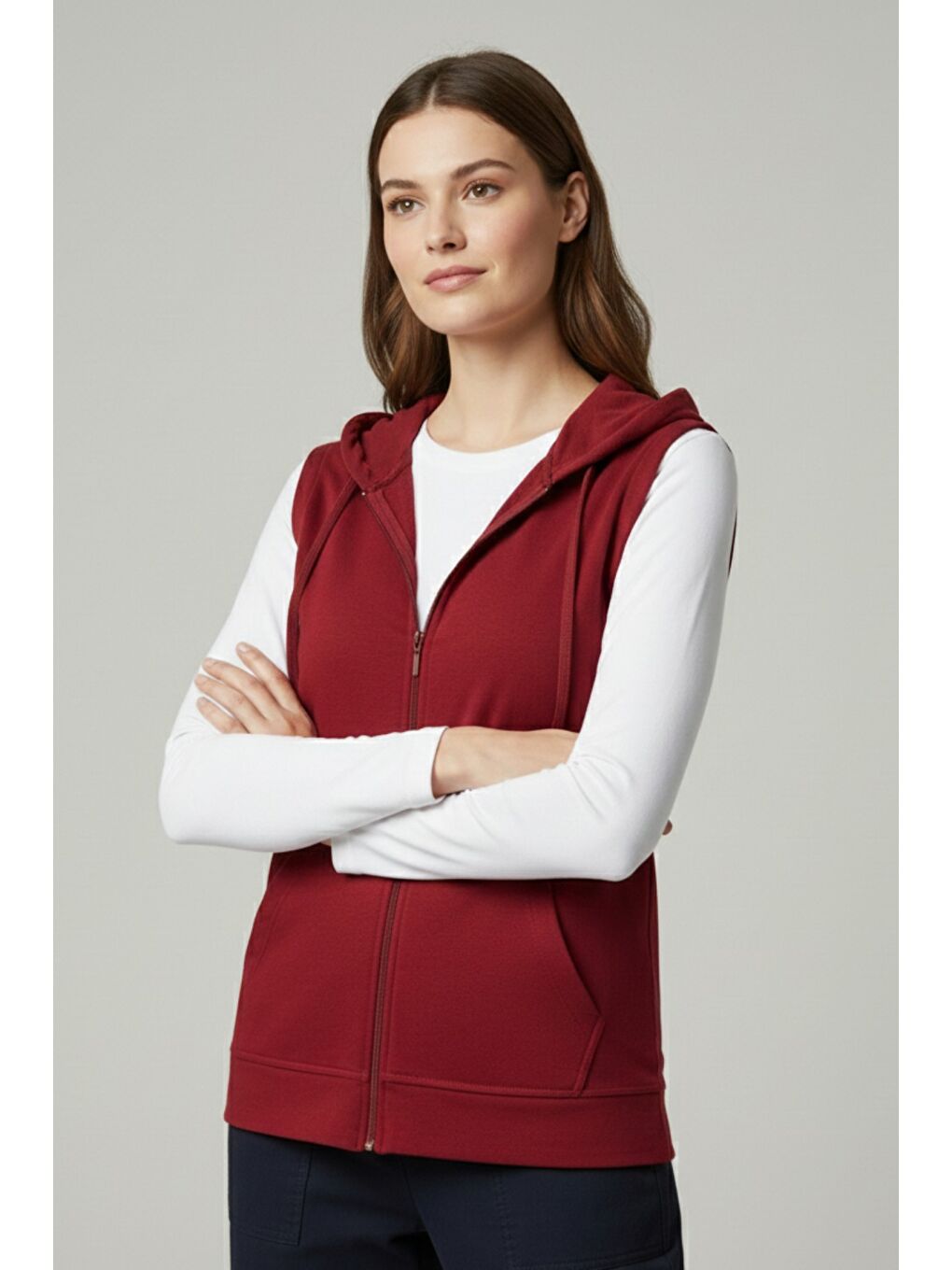 Kırmızı Kadın Sıfır Kol Kapüşonlu Hırka ve Uzun Kollu Tişört Takımı-3