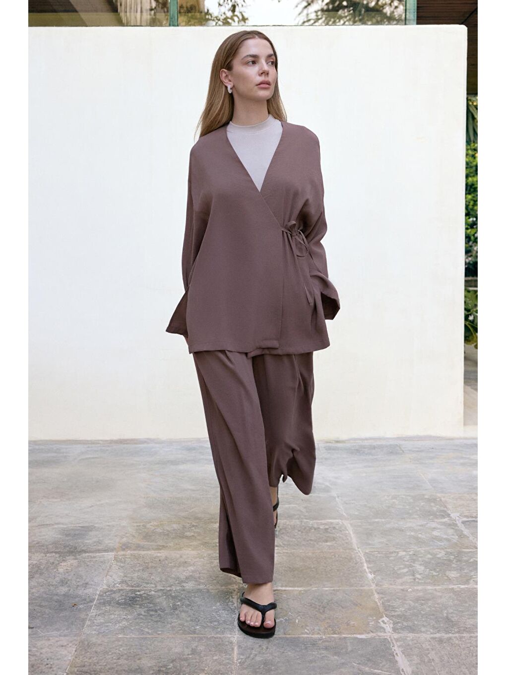 Kahverengi Anvelop Modal Gömlek Pantolon Takım Toprak-2