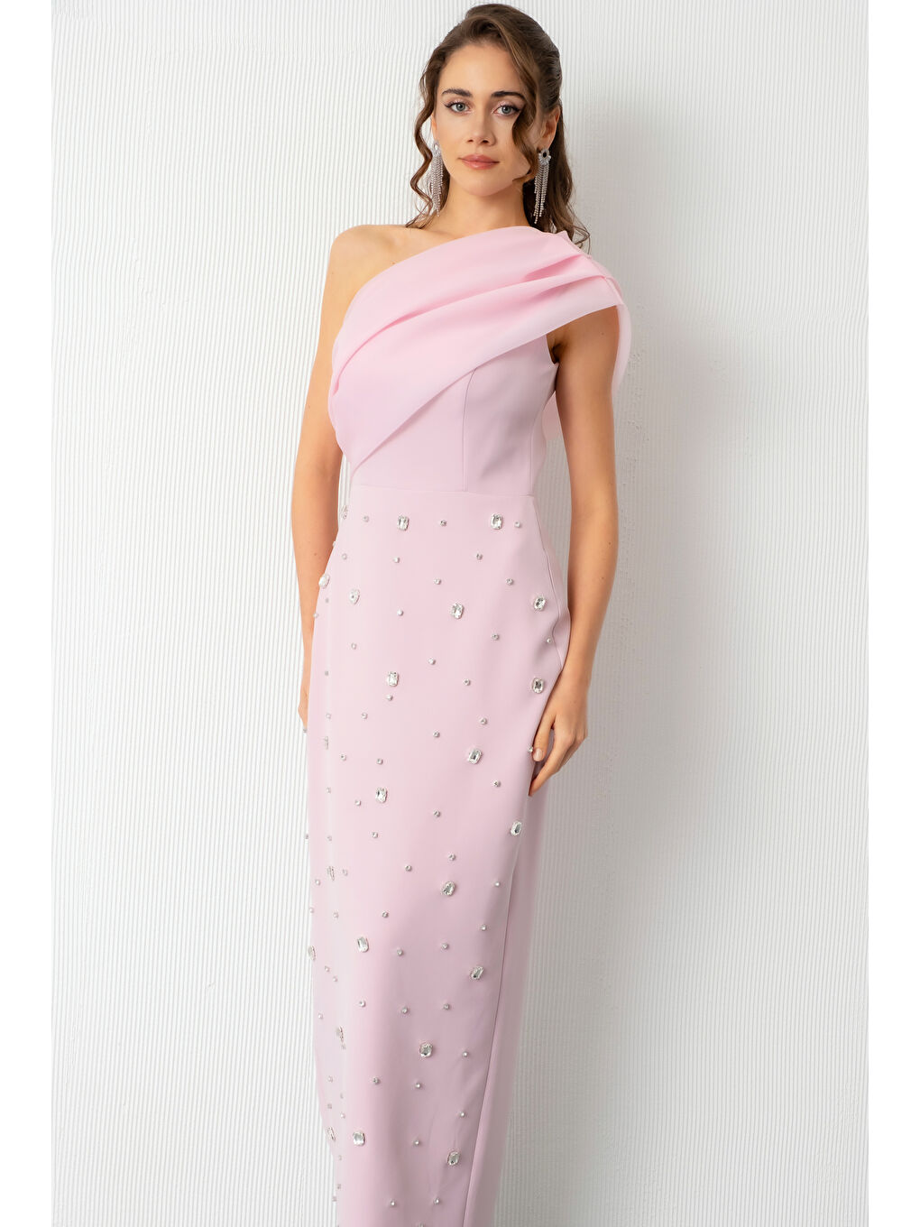 Pembe Kadın Pudra Tek Omuz Taşlı Söz Nişan Nikah Abiye Elbise-2