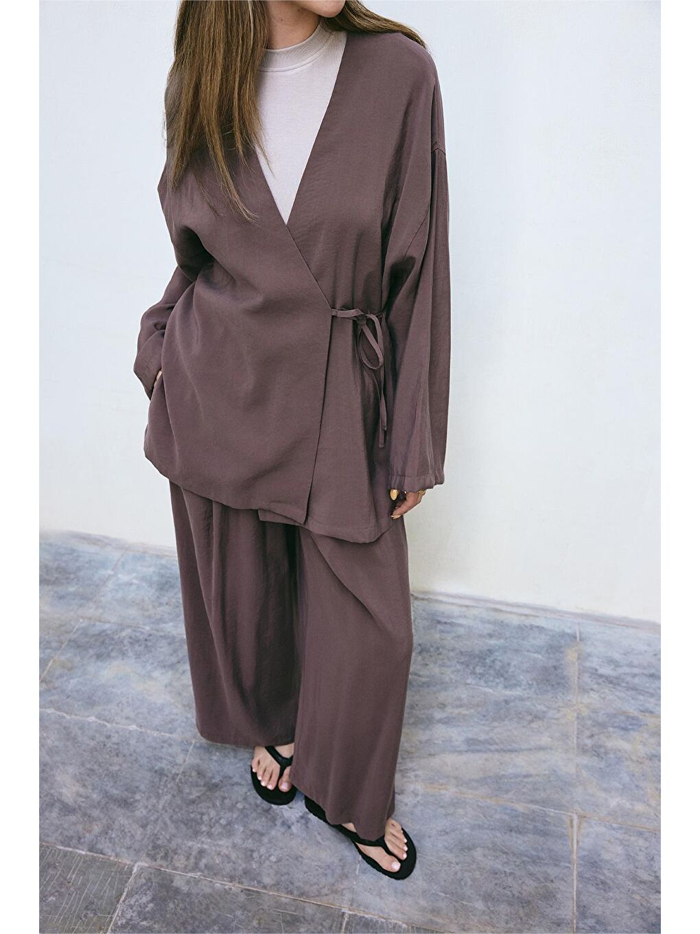 Kahverengi Anvelop Modal Gömlek Pantolon Takım Toprak-3