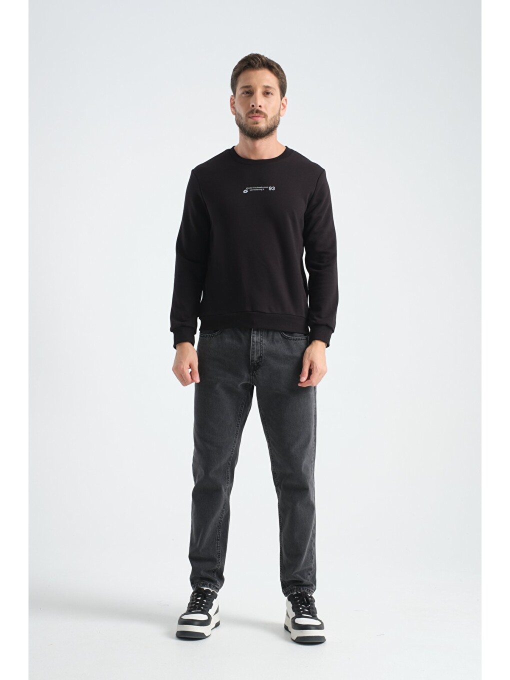 Siyah Erkek Üç İplik Sweatshirt Regular Fit Pamuklu Bisiklet Yaka Günlük Spor Basic-6