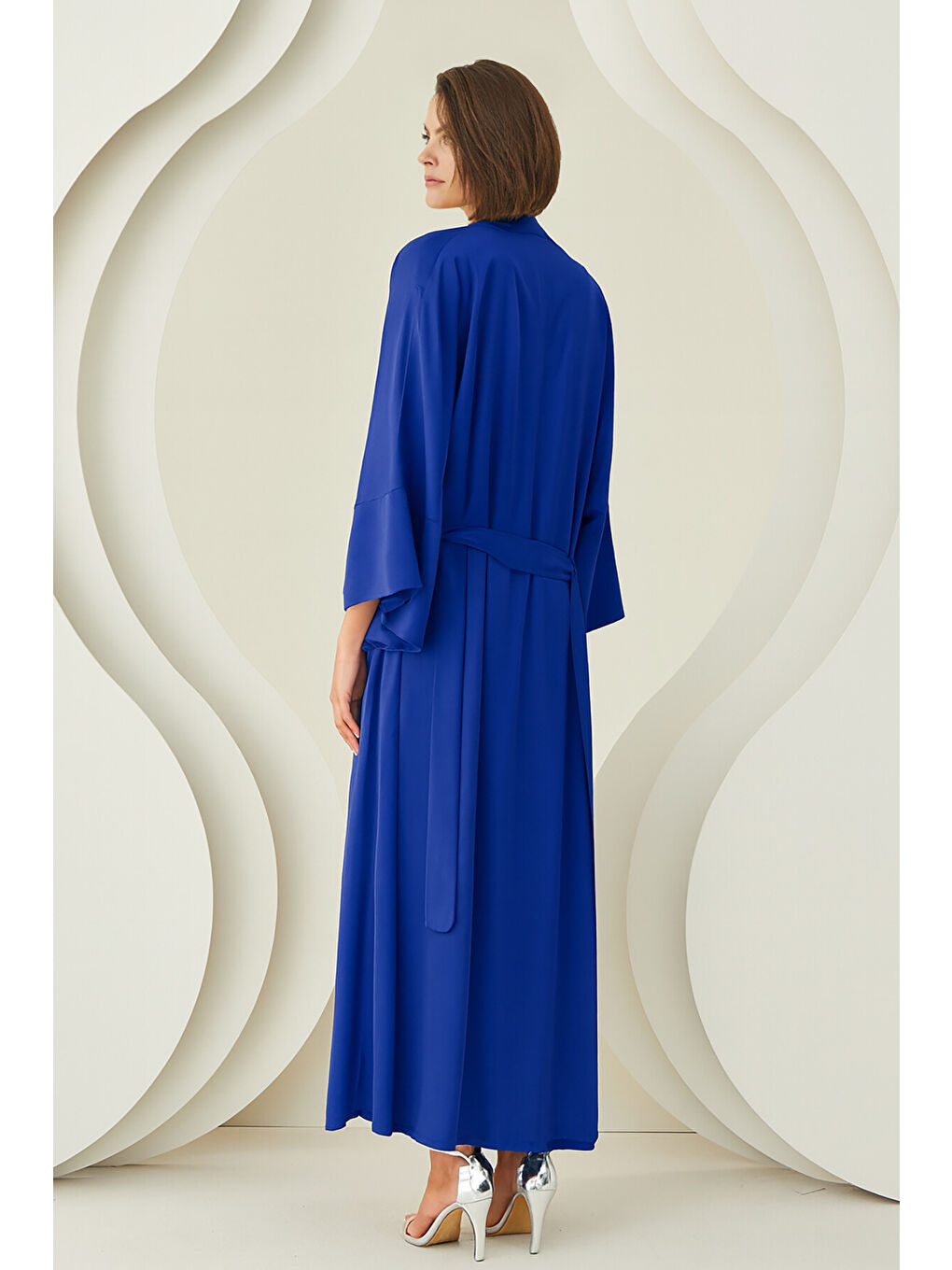 Saks Mavi Uzun Saten Sabahlık-1