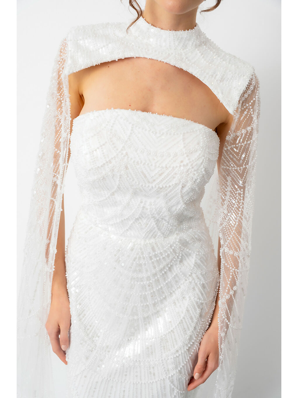 Kadın Beyaz Şallı Uzun Kol Dik Yaka Boncuklu Abiye-4