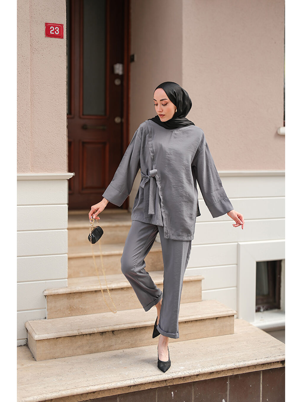 Kadın Yandan Bağlamalı Modal Takım Gri-1