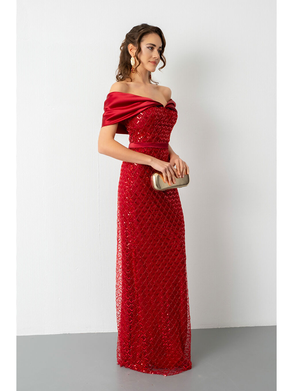 Kadın Bordo Yaka Organze Detay Pul Payetli Uzun Abiye Elibse-2