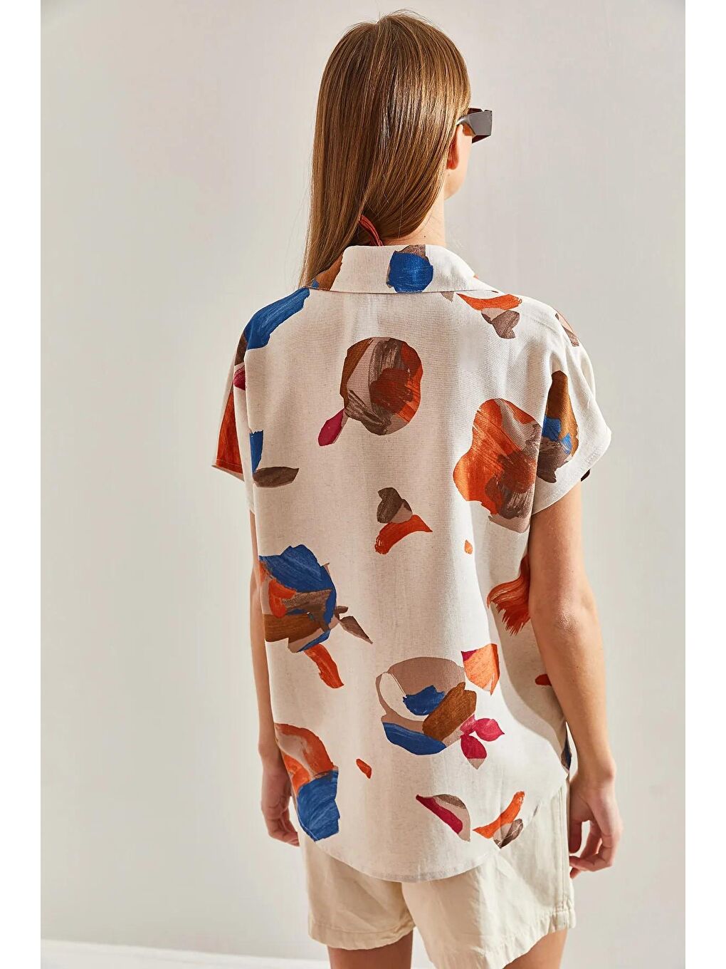 Bej Kadın Parça Desenli Yarasa Kol Keten Gömlek 60101033-4