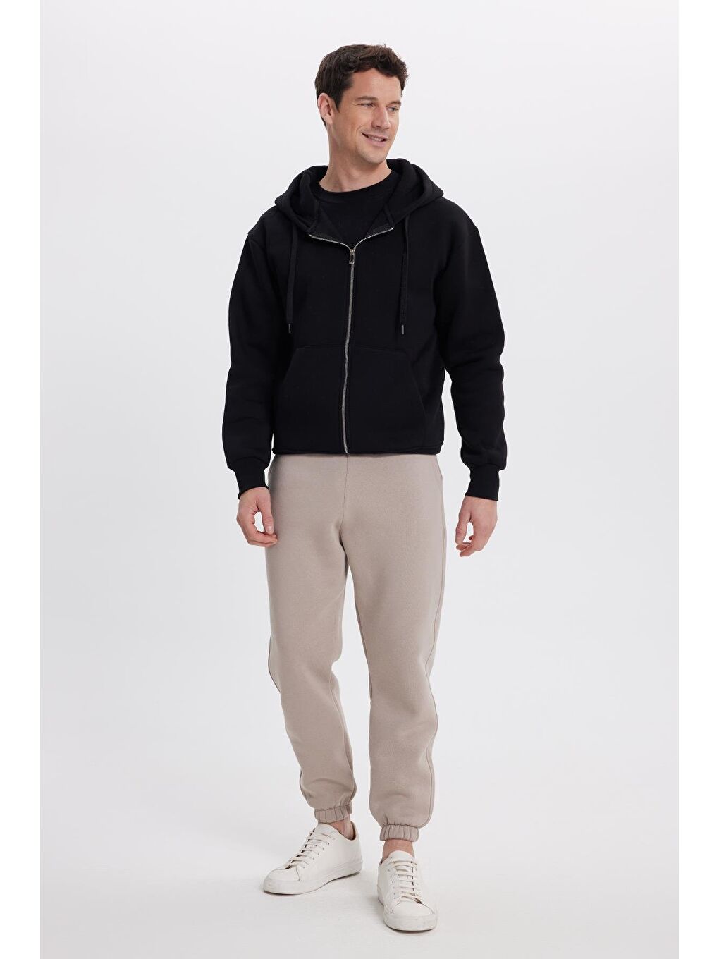 Unisex Relax Fit Rahat Kesim Şardonlu 3 Cepli Lastikli Jogger Paça Bej Eşofman Altı-3