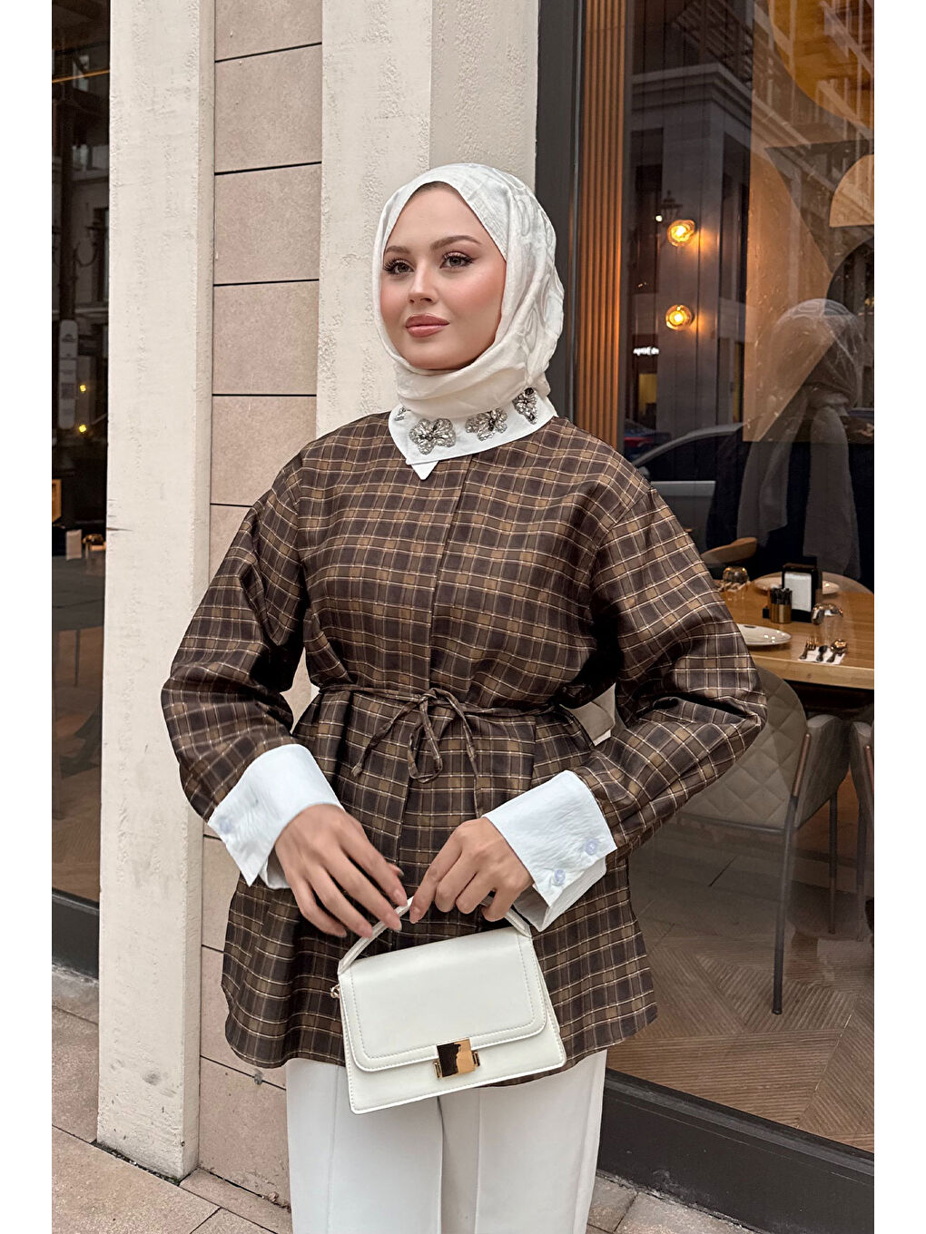 Kadın Gizli Düğmeli Bel Bağlamalı Gömlek Yağ Yeşil-2