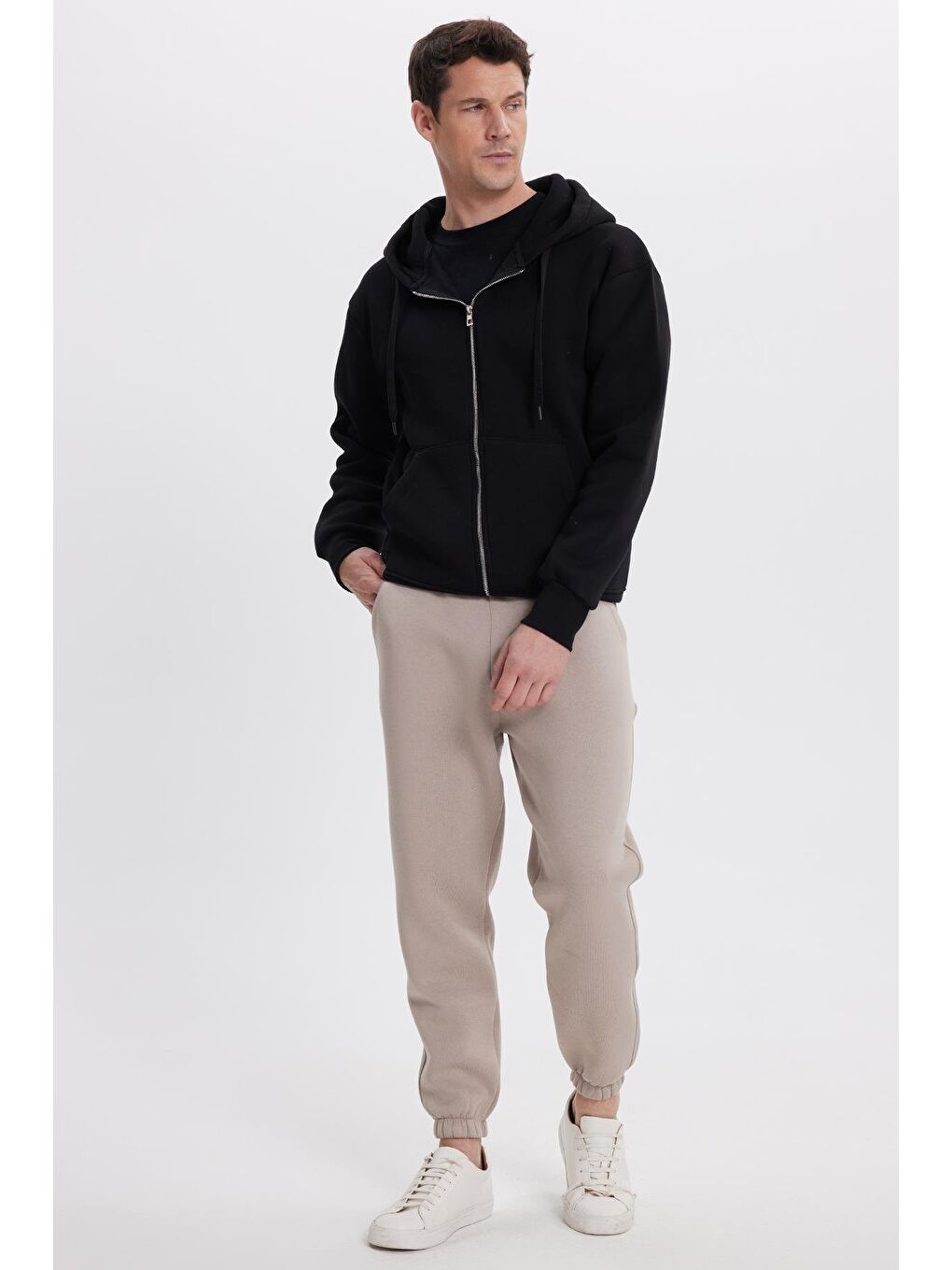 Unisex Relax Fit Rahat Kesim Şardonlu 3 Cepli Lastikli Jogger Paça Bej Eşofman Altı-5