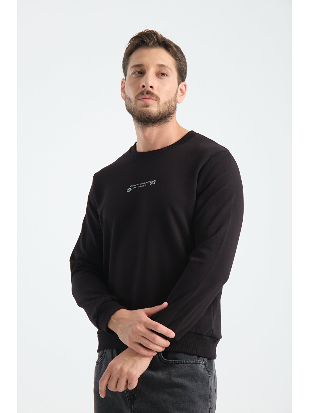 Siyah Erkek Üç İplik Sweatshirt Regular Fit Pamuklu Bisiklet Yaka Günlük Spor Basic-7