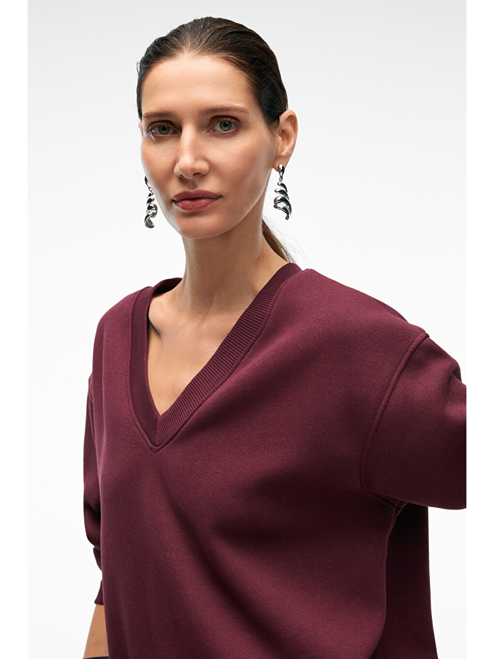 Arınel Kadın V Yaka Regular Fit Bordo Sweatshirt-1