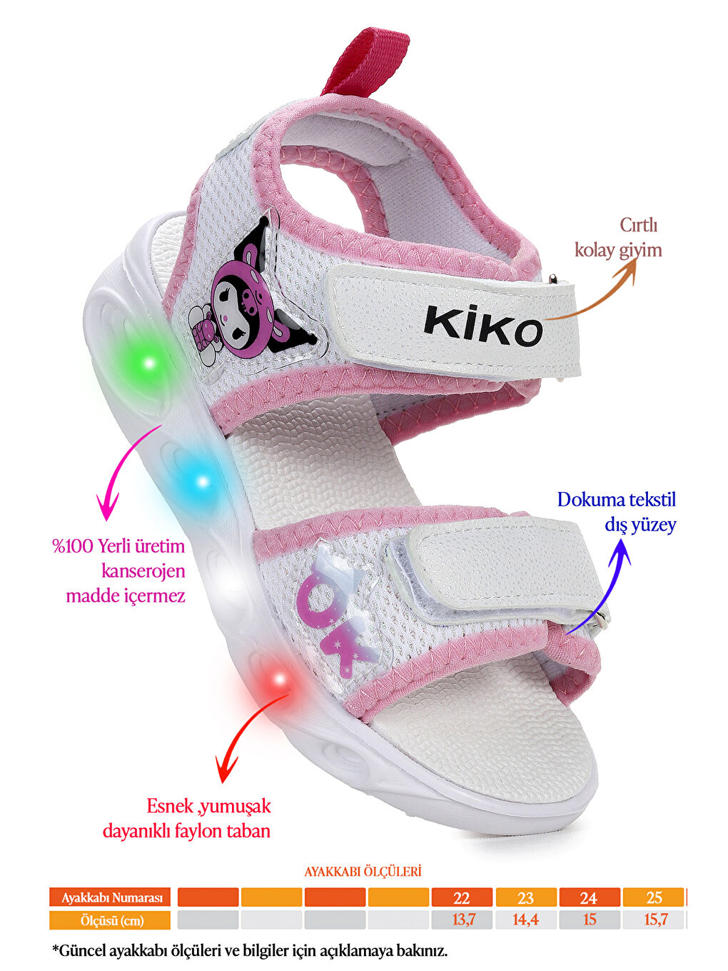 Beyaz Kuruza Günlük Işıklı Cırtlı Kız Bebek Sandalet Ayakkabı-1